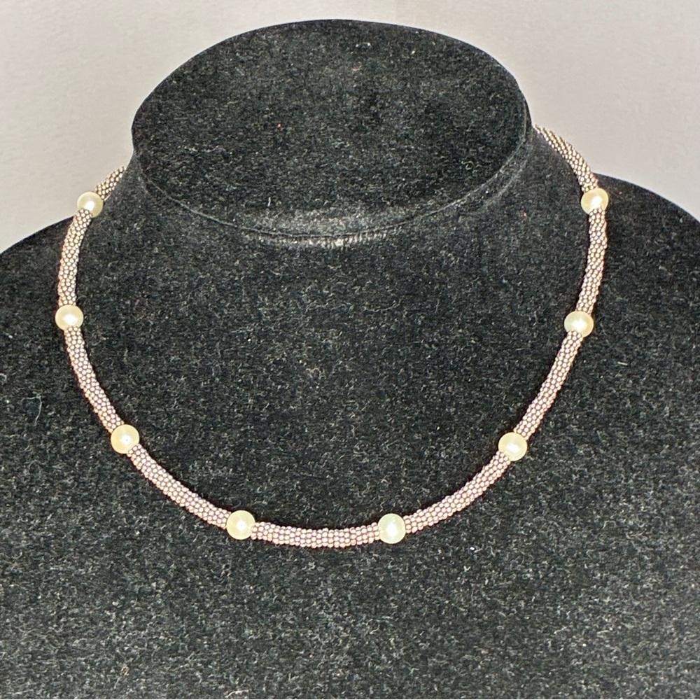 Handmade Pink Seed Bead Necklace with Pearl Accents